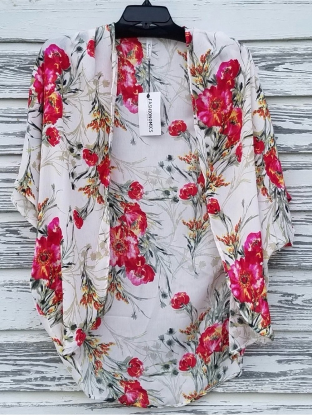 Fashionomics Cream Kimono Cardigan with Bright Pink Floral Print